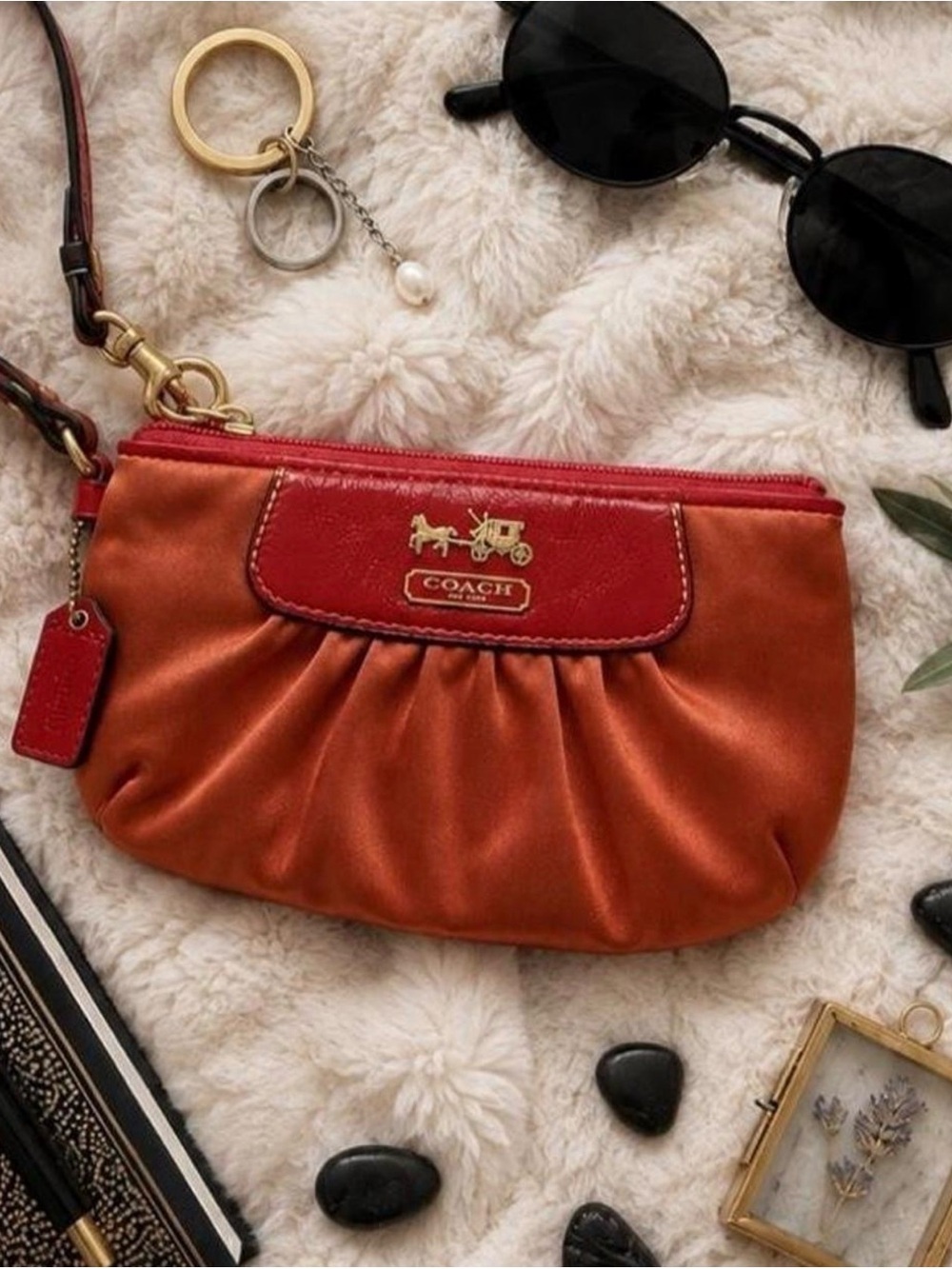 Coach Red and Orange Satin Wristlet with Gold Tone Logo